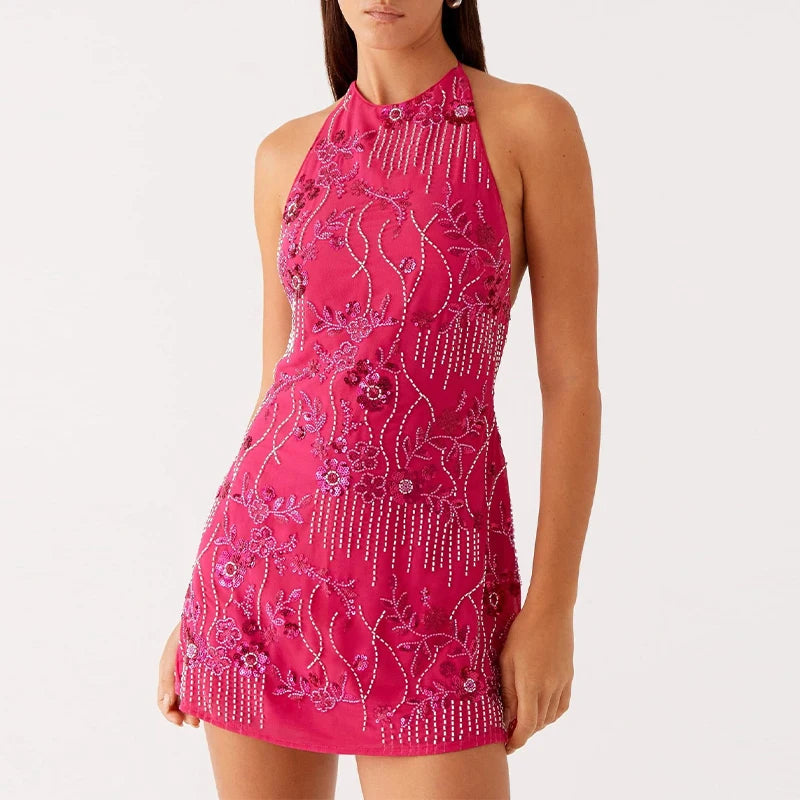 Sparkling Floral Embroidery Party Dress – Sexy Backless Mini Gown for Women