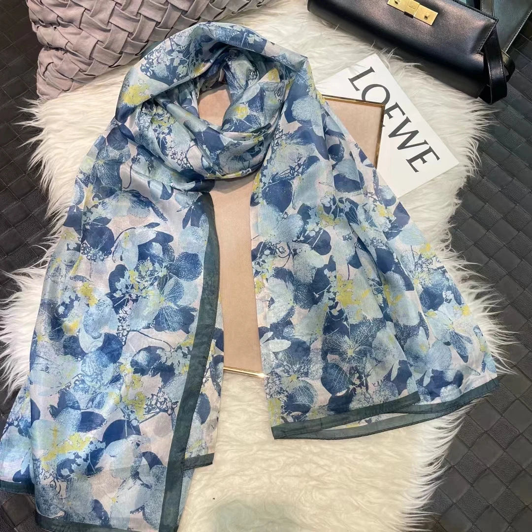 Elegant Blue Graffiti Silk Shawl – Neck & Head Scarf for All Seasons