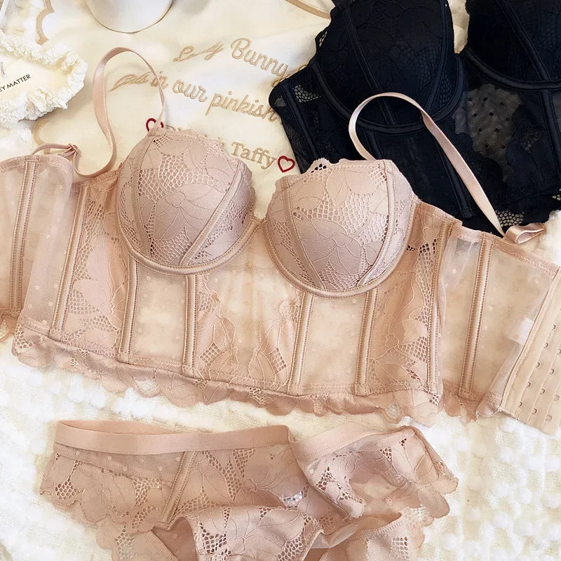 Black Mesh Dot Lace Underwear – 2-Piece Push Up Bra & Panty Set