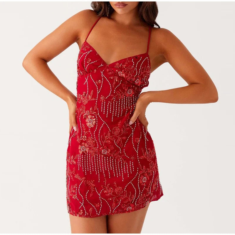 Sparkling Floral Embroidery Party Dress – Sexy Backless Mini Gown for Women