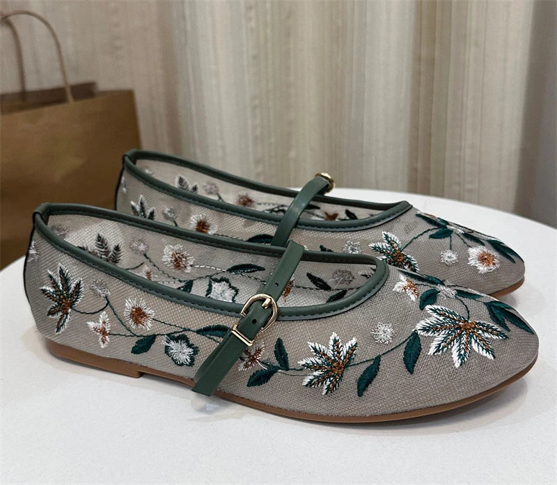 Elegant Round Toe Buckle Strap Mesh Flats – ZAROY Designer Women’s Footwear