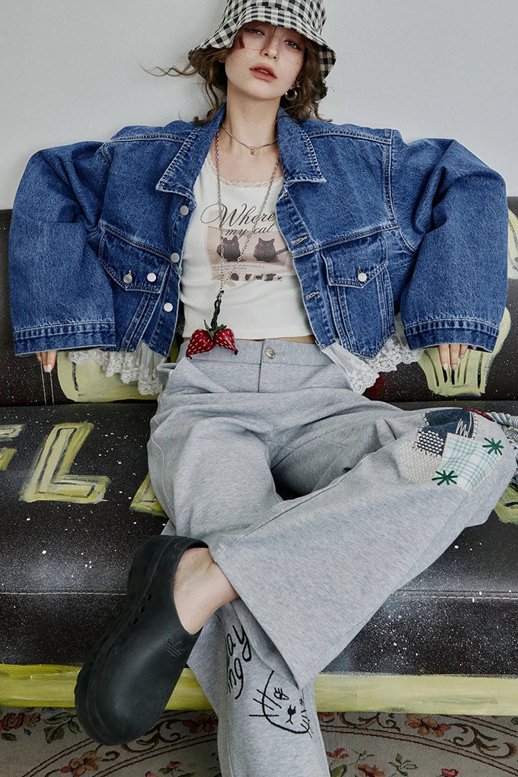 Women’s Vintage Y2K Lace Stitch Short Denim Jacket – ELFSACK Spring Edit