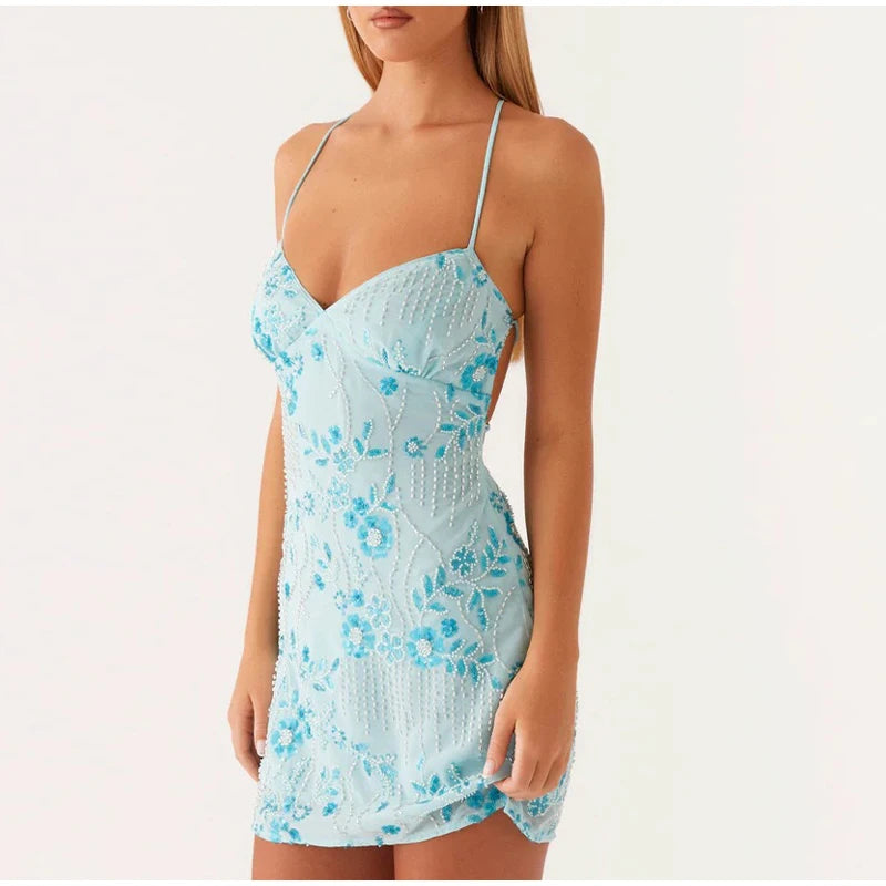 Sparkling Floral Embroidery Party Dress – Sexy Backless Mini Gown for Women