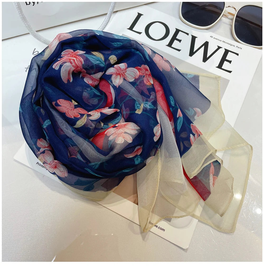 Luxury 100% Silk Shawl – Elegant Blue Scarf Cape C255 for Spring & Summer