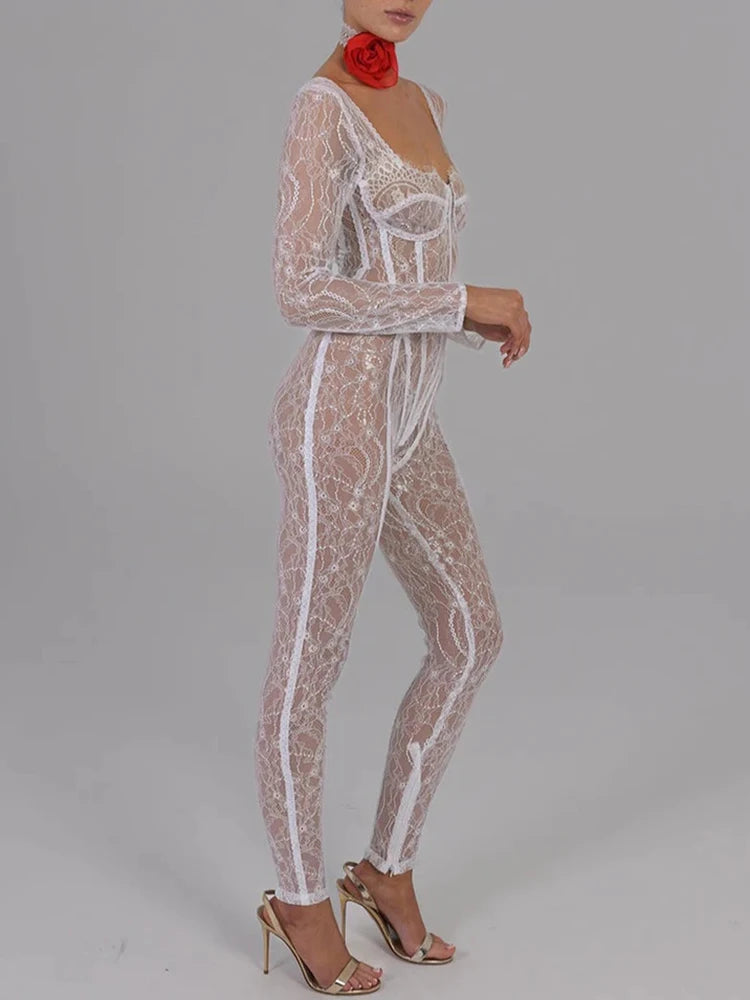 Sexy White Lace Jumpsuit – Fantoye Long Sleeve Club & Party Romper