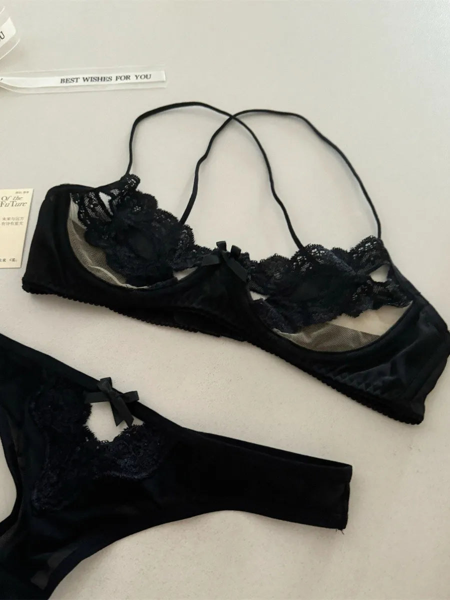 Sexy European Style Half Cup Bra – Lace Hollowout Push Up with Cute Bow Detail