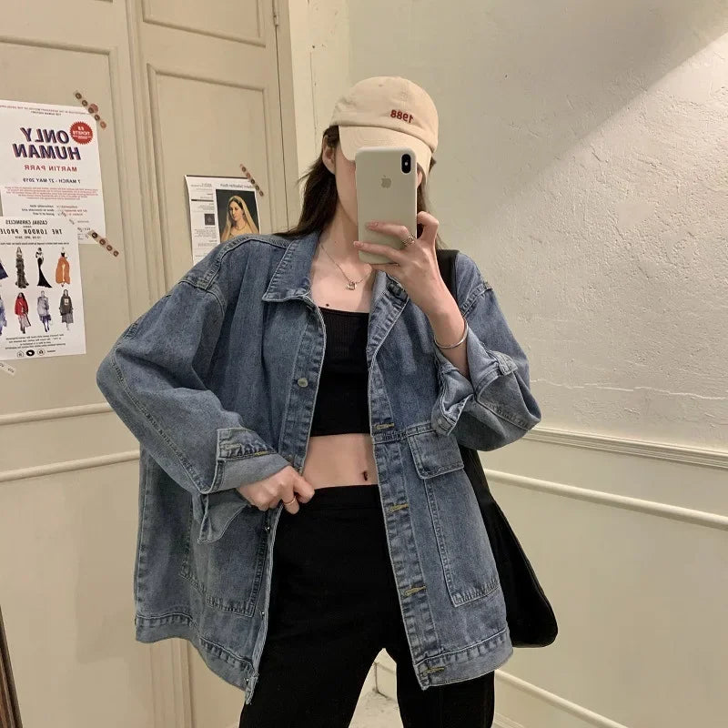Versatile BF Fit Denim Jacket – Harajuku Casual Streetwear for Women
