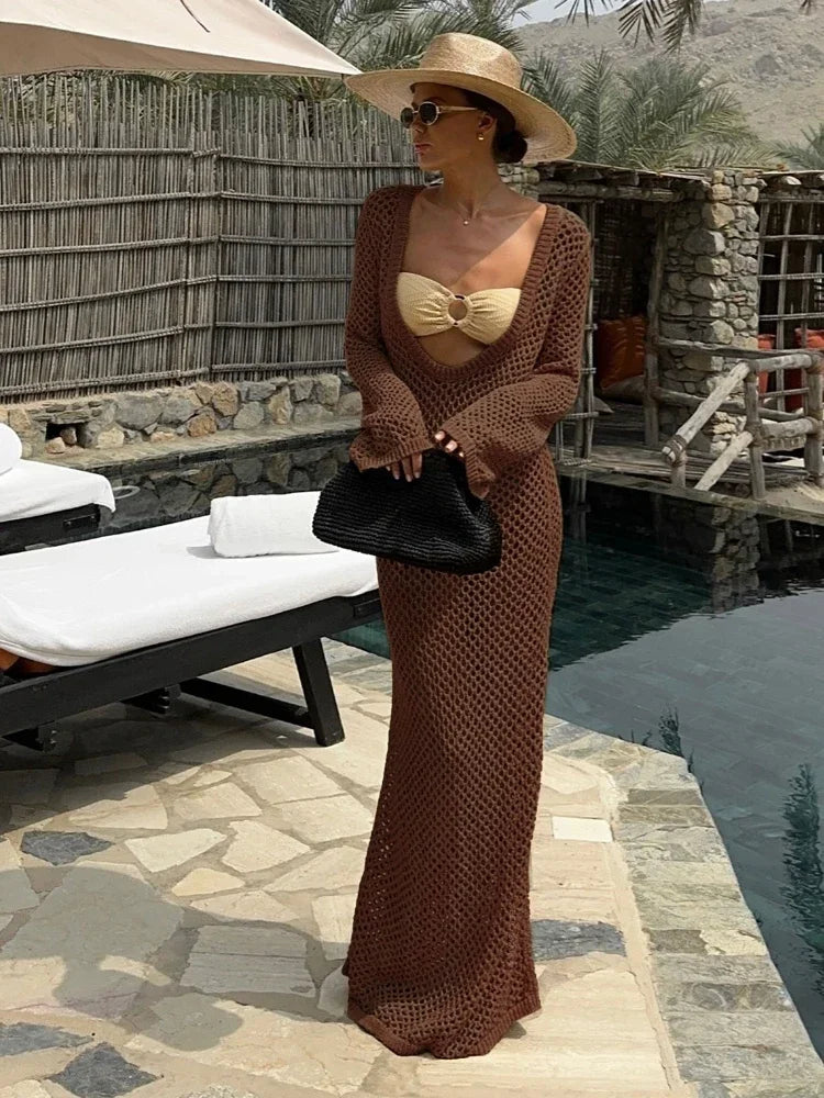 Summer 2024 Bell Sleeve Knit Beach Cover-Up Maxi Dress