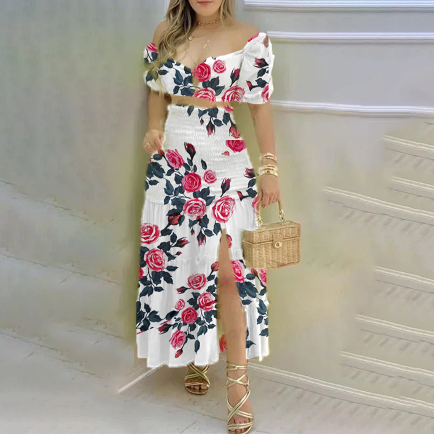 Elegant Floral Print Suit – High Waist Comfortable Dress with Slit for Women