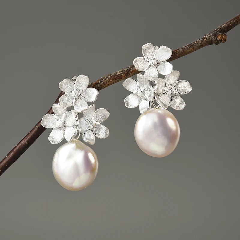 Lotus Fun Forget-Me-Not Flower Pearl Earrings – 925 Sterling Silver Elegance