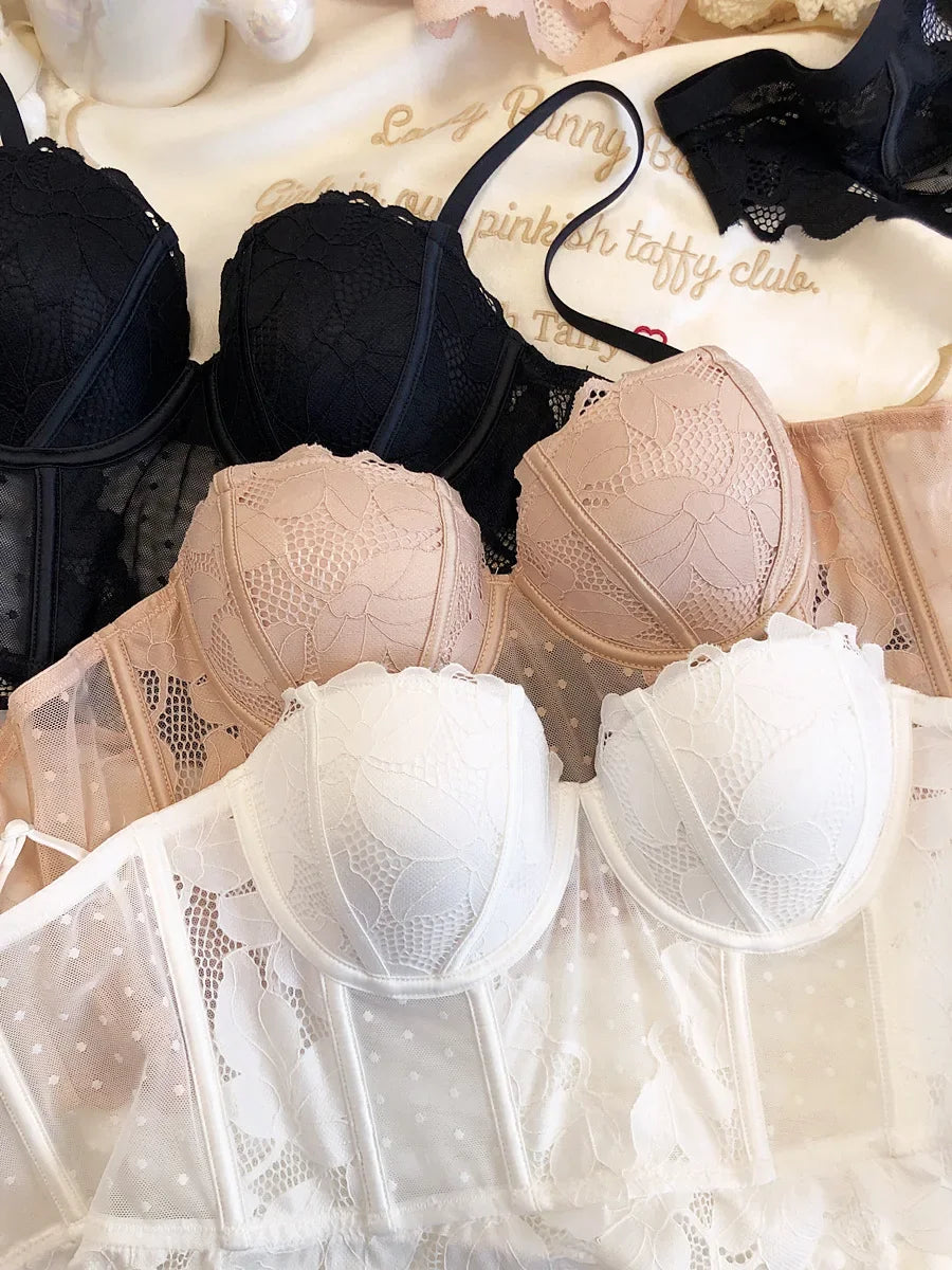 Black Mesh Dot Lace Underwear – 2-Piece Push Up Bra & Panty Set