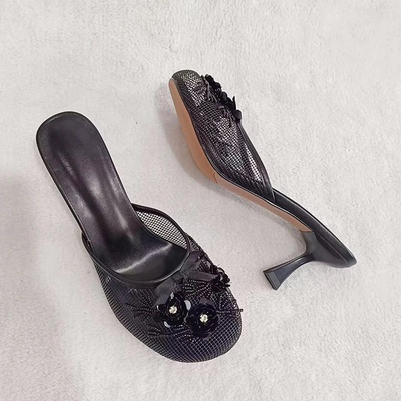 Sexy Thin Heel Flower Mesh Sandals – Summer Statement Slides for Women