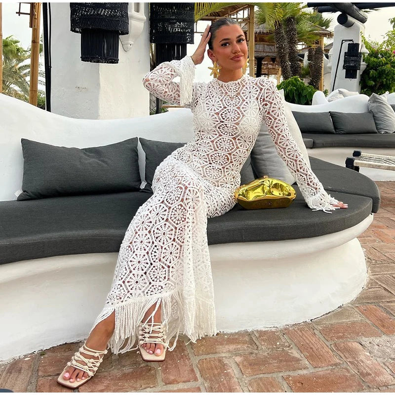 Elegant Knitted Tassel Hollow Out Long Dress Women O-neck Long Sleeve Floral Lace Slim Dresses 2025 Summer Lady Holiday Robes