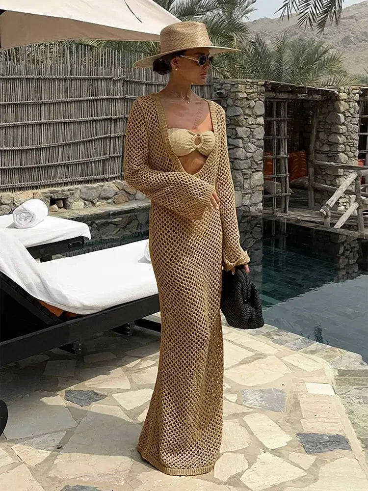 Summer 2024 Bell Sleeve Knit Beach Cover-Up Maxi Dress