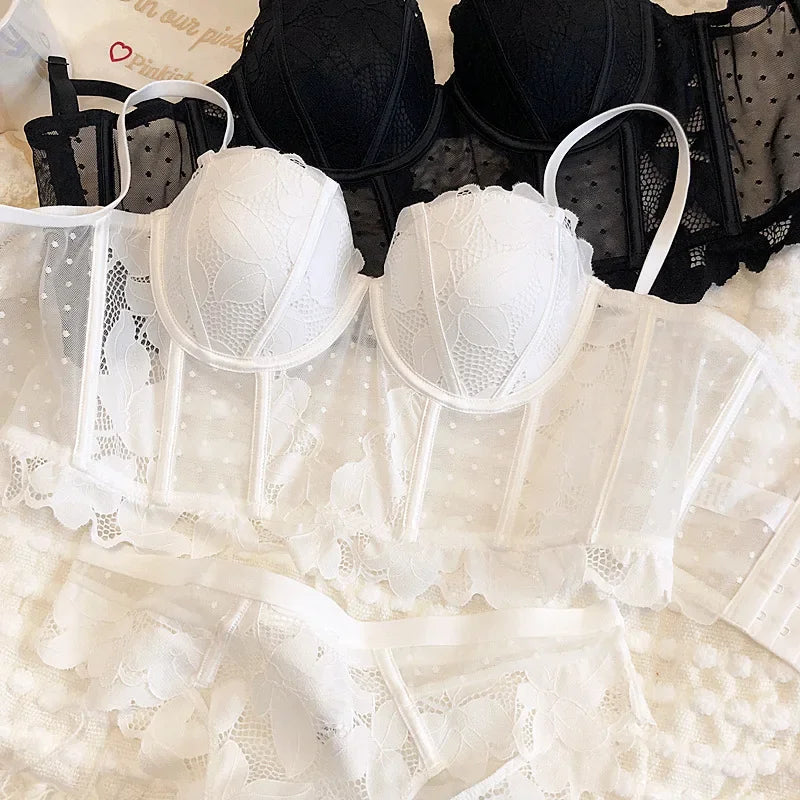 Black Mesh Dot Lace Underwear – 2-Piece Push Up Bra & Panty Set