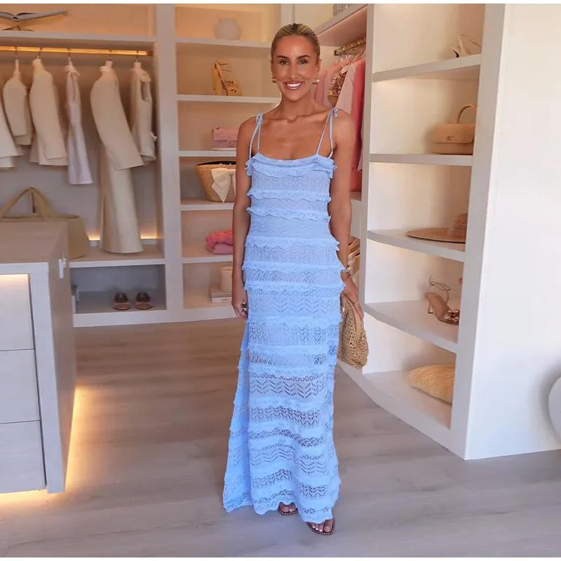 Blue Bliss: Sexy Ruffle Slip Long Dress for Summer 2025