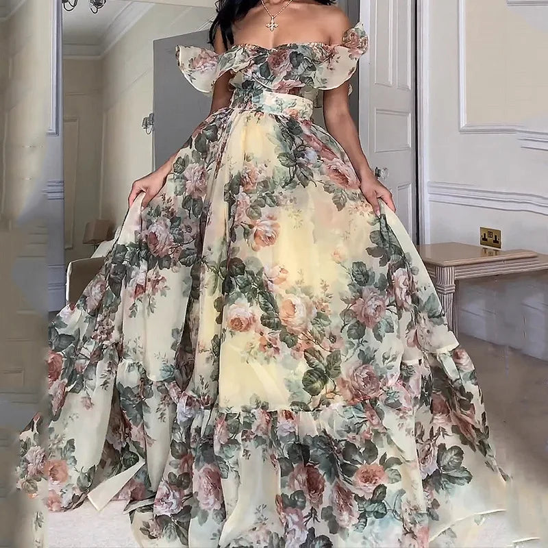 Sexy Strapless Garden Party Dress – Pleated Floral Print Evening Gown