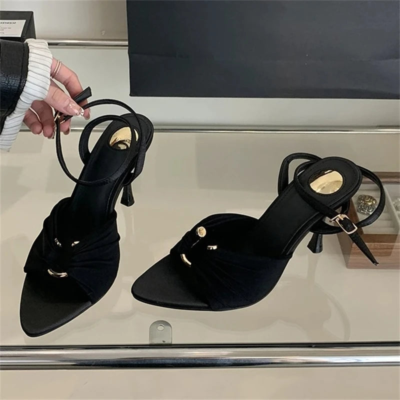 Aneikeh Elegant Pointed Toe High Heel Mules – Pleated Design Sandals