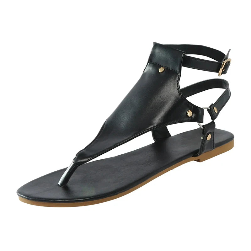 Buckle Up Summer PU Leather Flats – Women's Fashion Sandals
