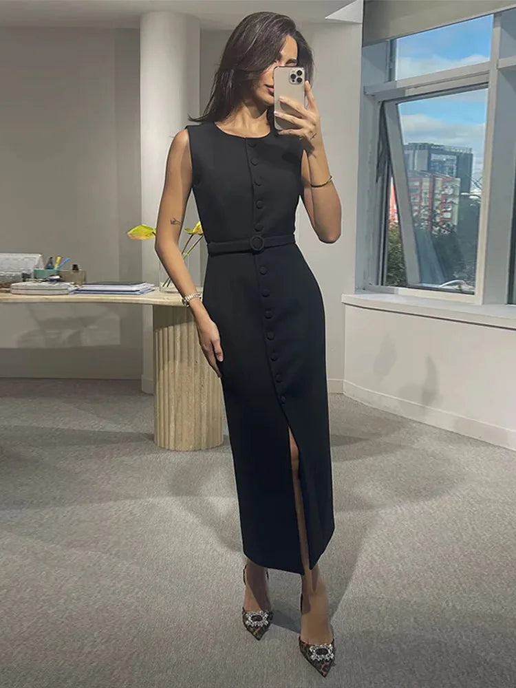 Elegant 2025 Belted Tank Dress – Slim Fit Sleeveless Street Style