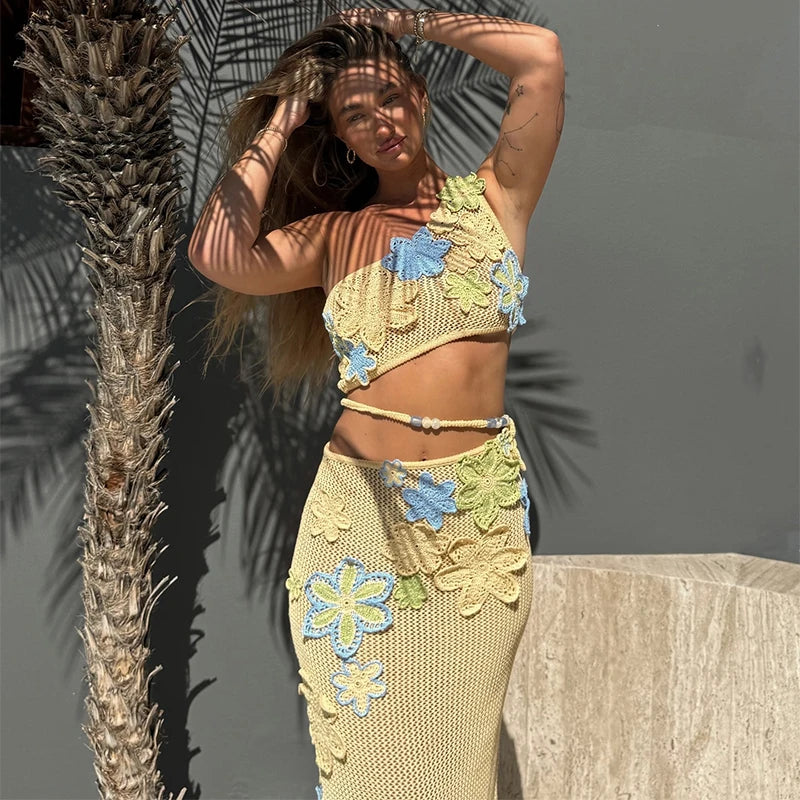 Vibrant Floral Knit Mini Dress – Sexy Hollow Out Beach Outfit