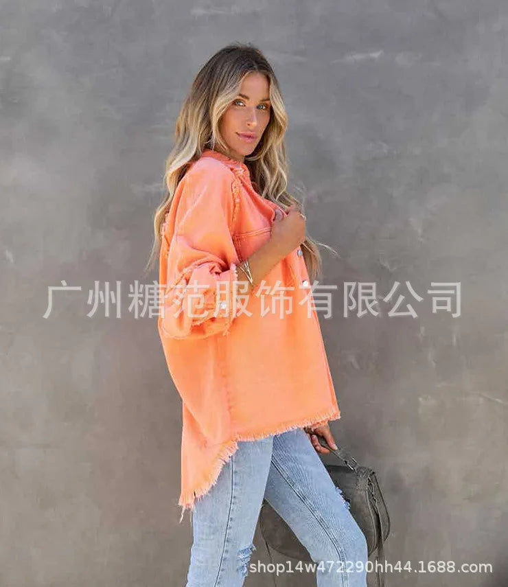 Women’s Vintage Frayed Edge Mid-Length Jean Coat – Colorful Patch Jacket