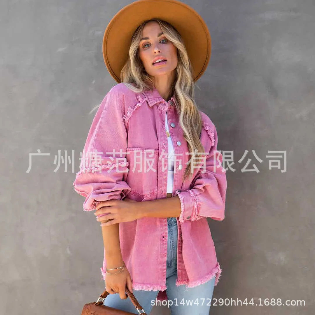 Women’s Vintage Frayed Edge Mid-Length Jean Coat – Colorful Patch Jacket