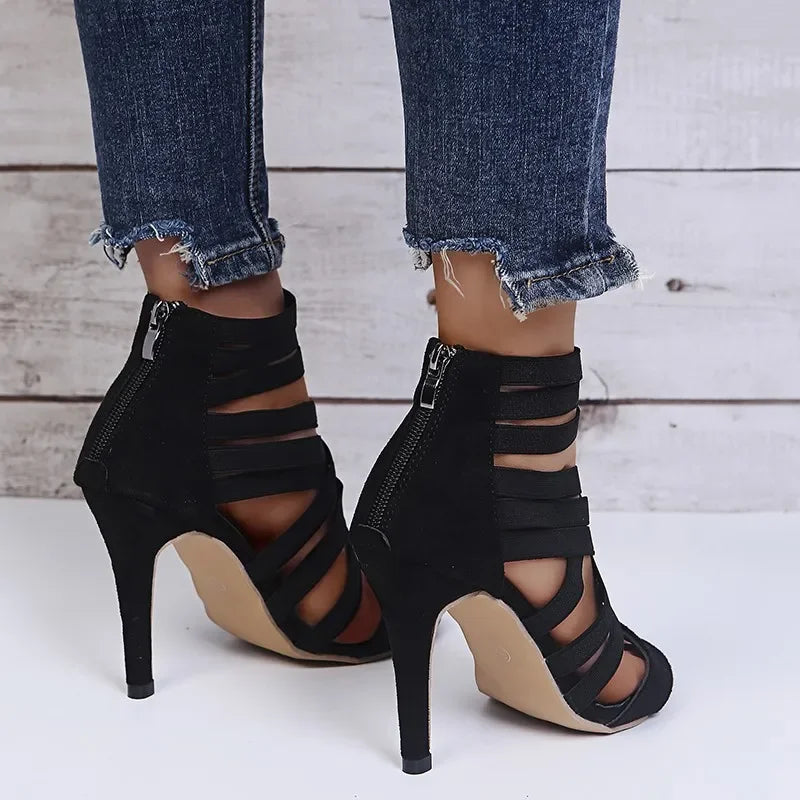 Sexy Back Zipper Peep Toe Heels – Elastic Cross Strap High Heel Sandals