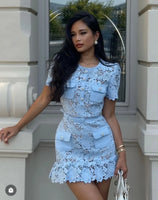 Elegant Street Style: Blue Lace Hollow Out Bodycon Dress with Belt