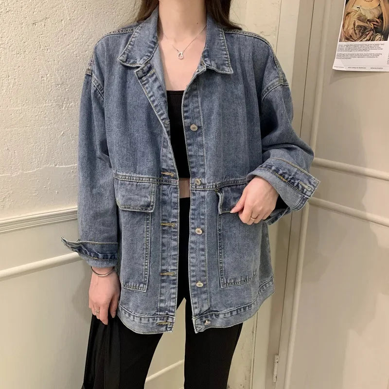 Versatile BF Fit Denim Jacket – Harajuku Casual Streetwear for Women