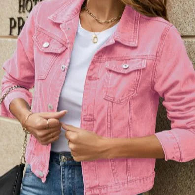 Trendy Women's Short Denim Jacket – Lapel Collar & Pocket Detail