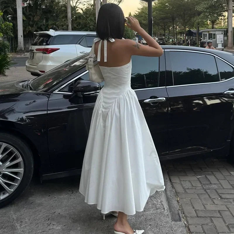 Talenza Summer Sleeveless Halter Dress – Elegant White Evening Gown