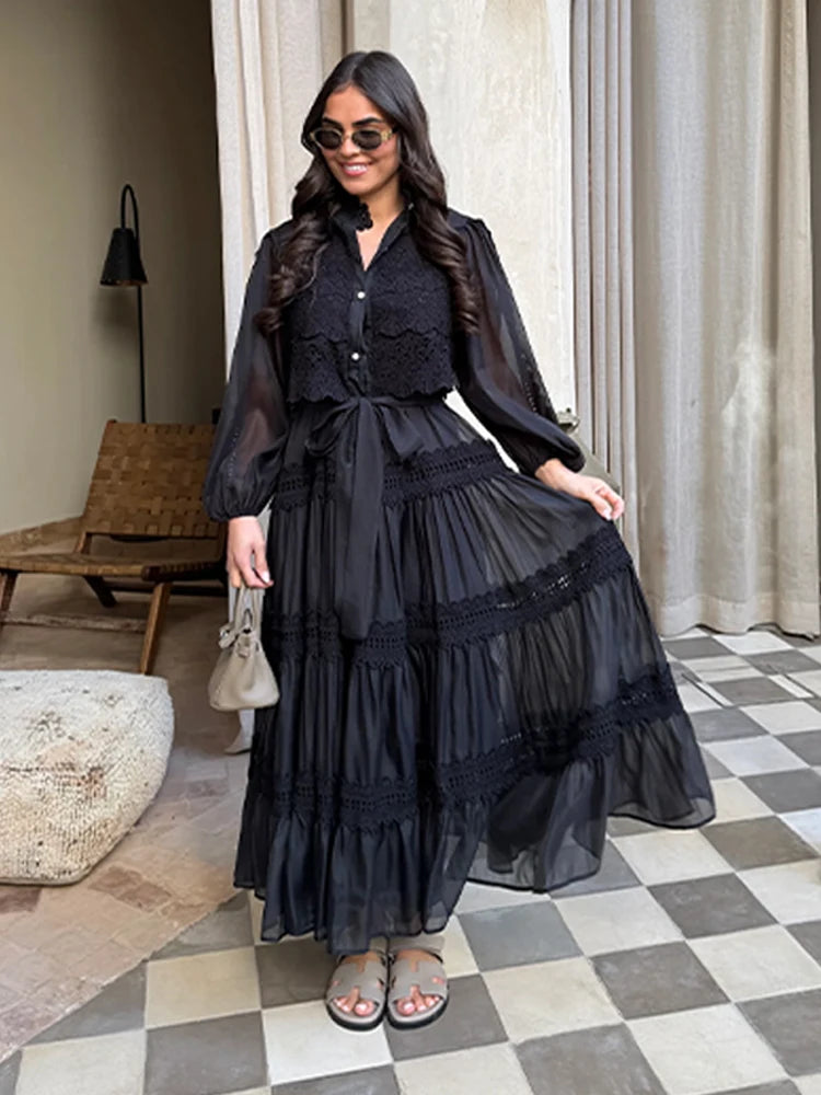 Elegant Hollow Out Floral Maxi Dress with Lantern Sleeves