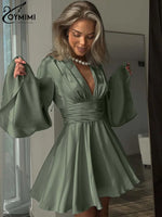 Satin Chic: Long Sleeve Green Pleated Mini Dress by Oymimi