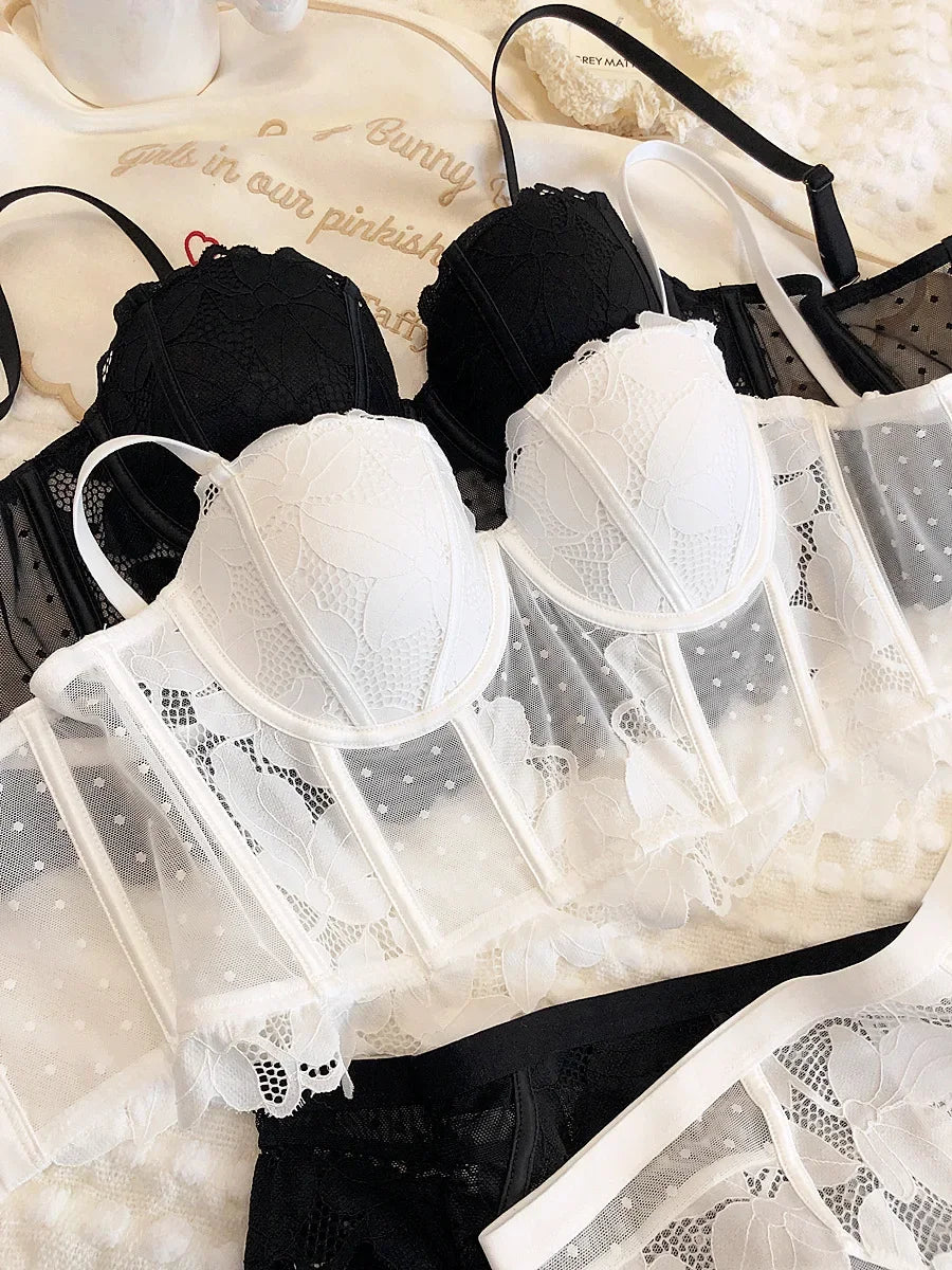Black Mesh Dot Lace Underwear – 2-Piece Push Up Bra & Panty Set