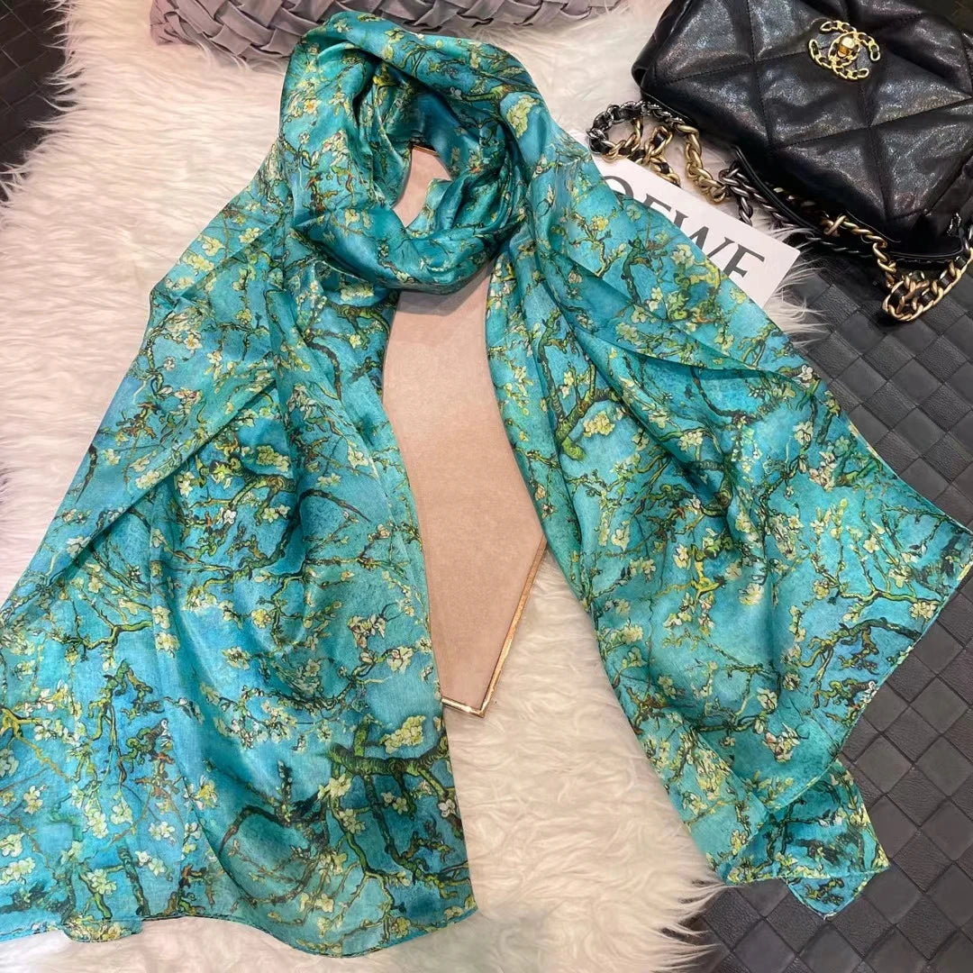 Elegant Blue Graffiti Silk Shawl – Neck & Head Scarf for All Seasons
