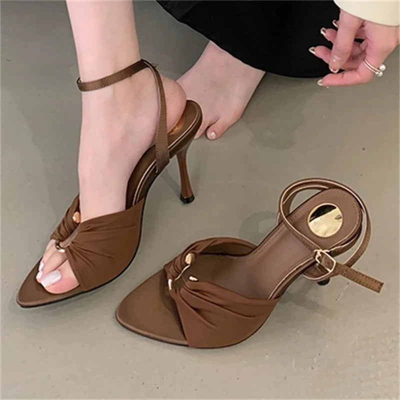 Aneikeh Elegant Pointed Toe High Heel Mules – Pleated Design Sandals