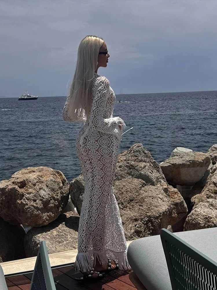 Elegant Knitted Tassel Hollow Out Long Dress Women O-neck Long Sleeve Floral Lace Slim Dresses 2025 Summer Lady Holiday Robes