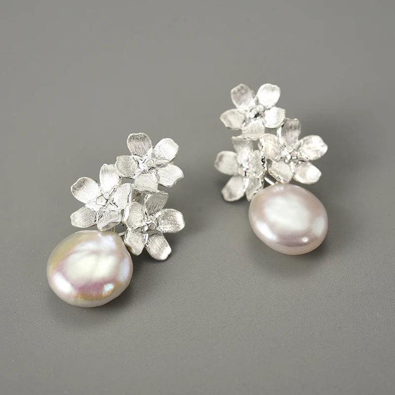 Lotus Fun Forget-Me-Not Flower Pearl Earrings – 925 Sterling Silver Elegance