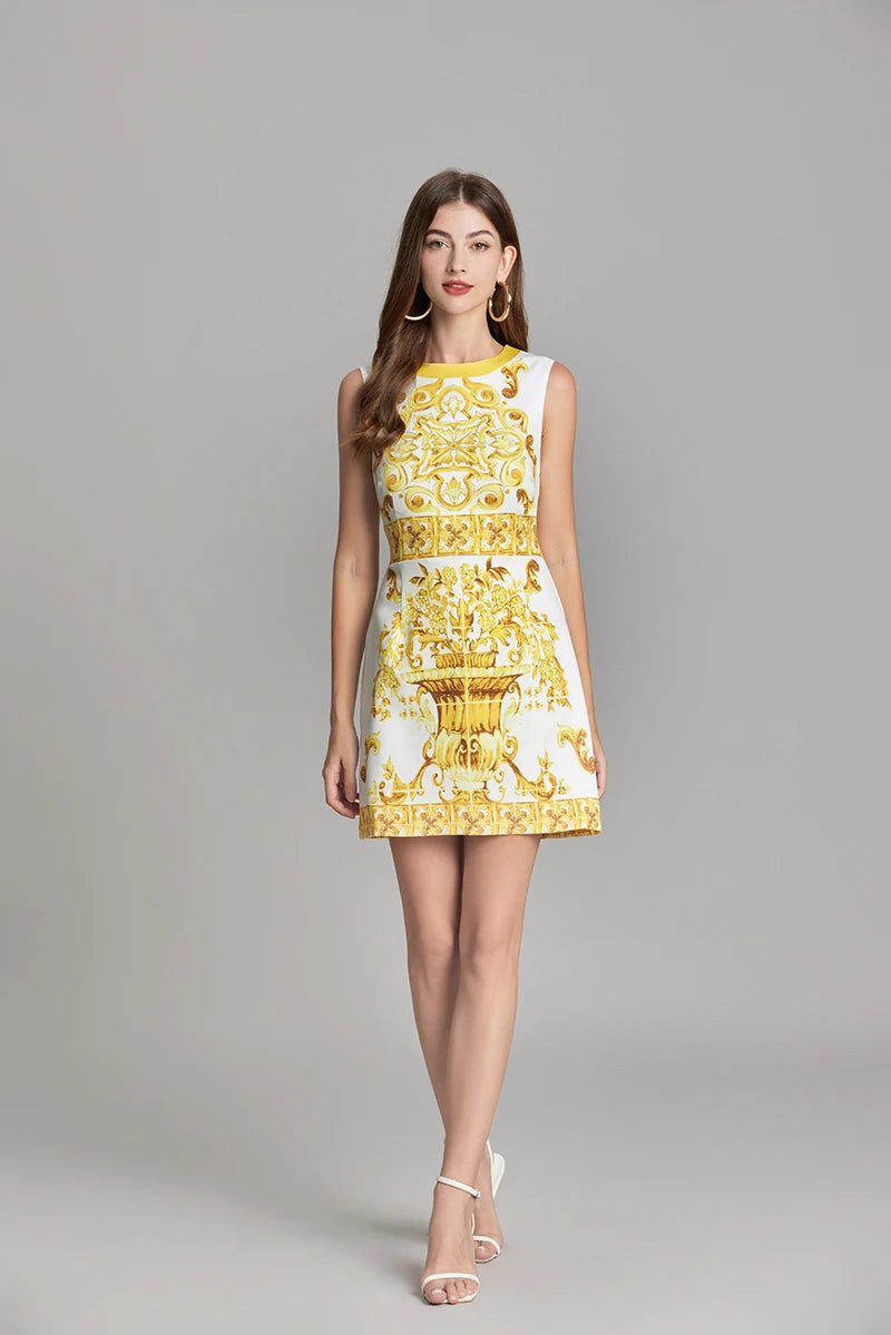 Runway-Inspired Blue & White Floral Sleeveless Holiday Mini Dress