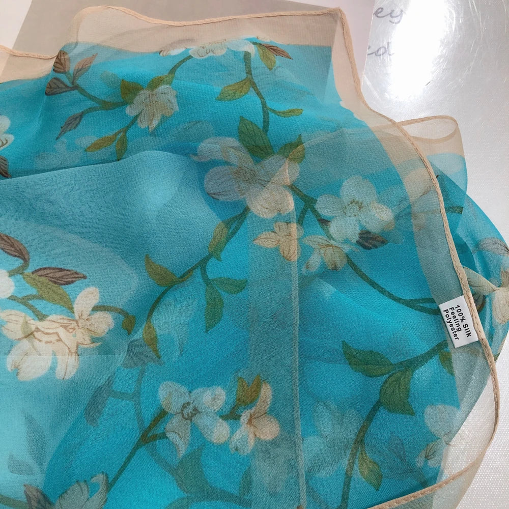 Luxury 100% Silk Shawl – Elegant Blue Scarf Cape C255 for Spring & Summer