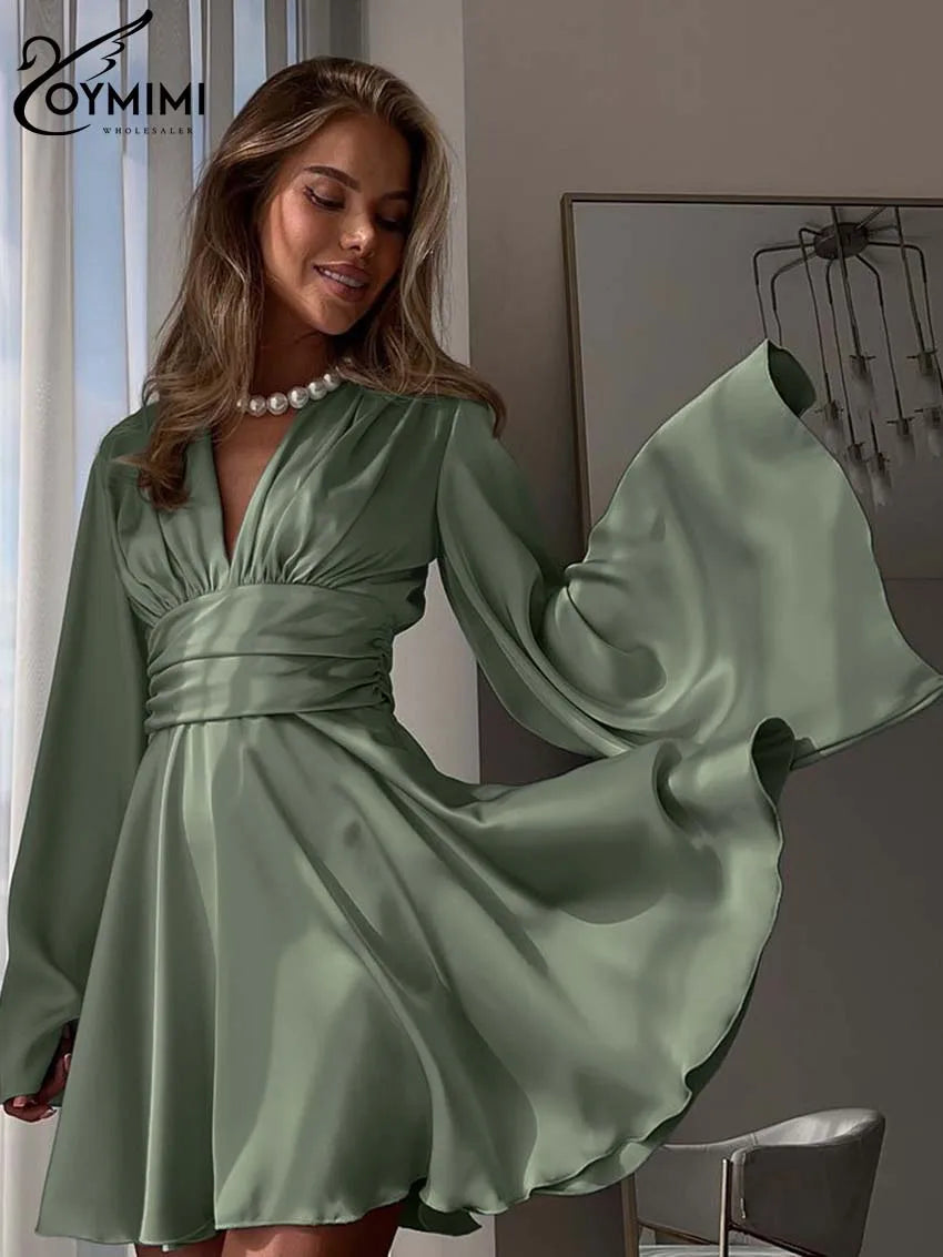 Satin Chic: Long Sleeve Green Pleated Mini Dress by Oymimi