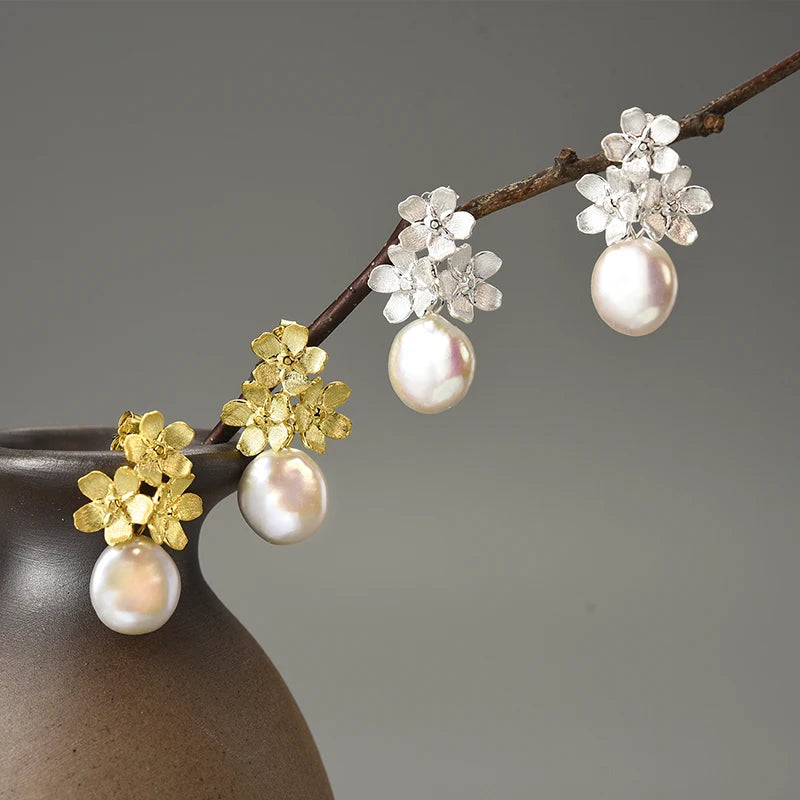 Lotus Fun Forget-Me-Not Flower Pearl Earrings – 925 Sterling Silver Elegance