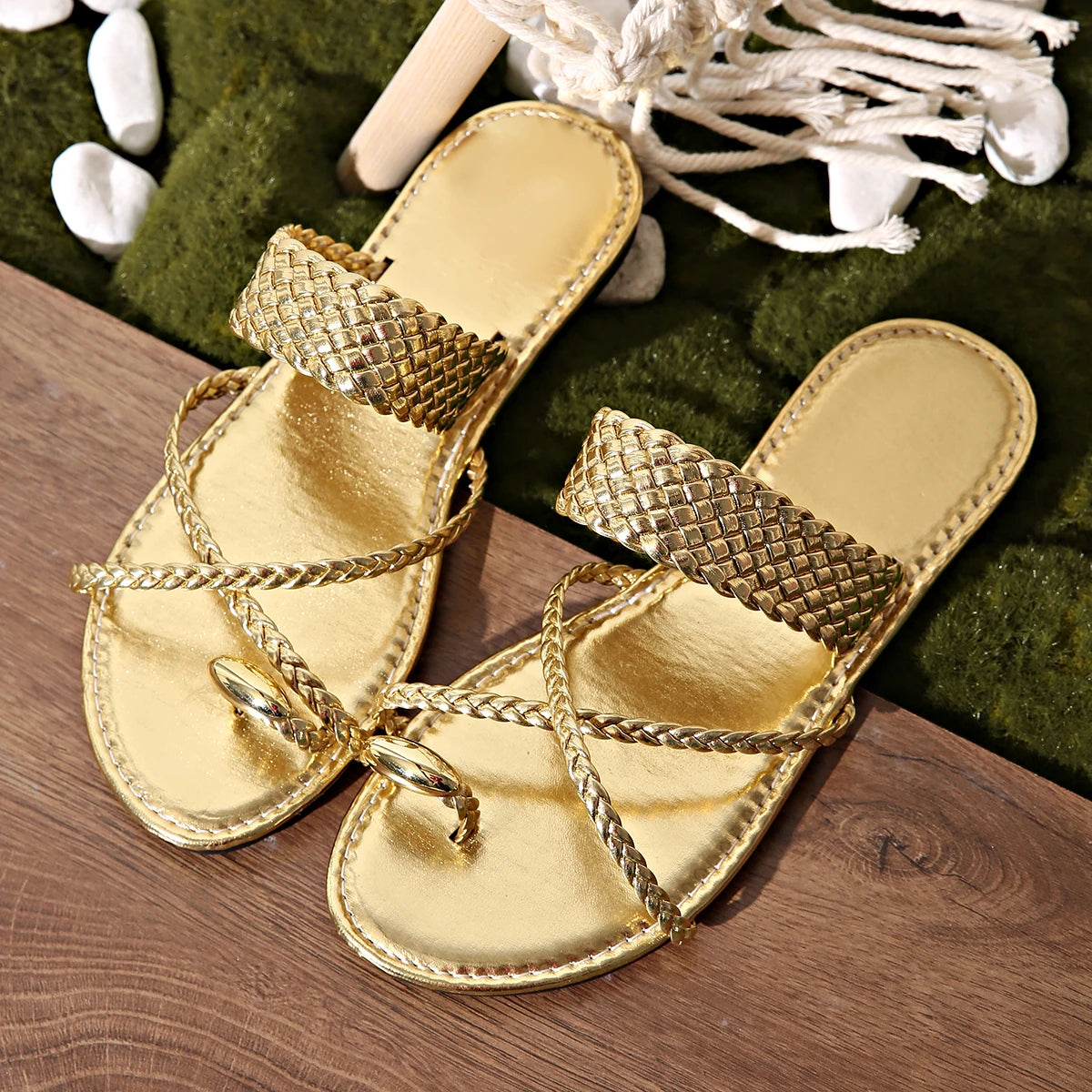 Trendy Gold Flat Sandals for Women – Open Toe Clip Design, Sizes Up to 43