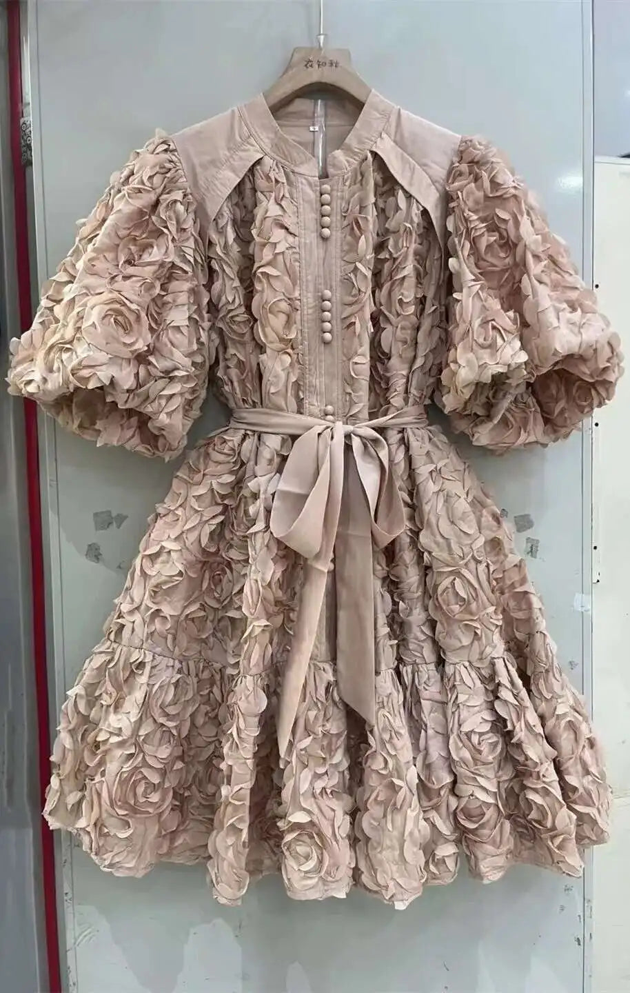 Blooming Grace – 3D Floral Bubble Sleeve Evening Dress