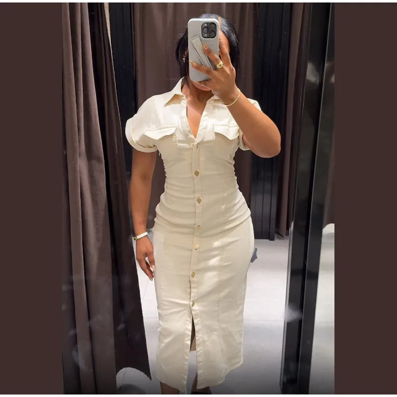 Women's White Denim Shirt Dress – Short Sleeve, Slim Fit, Maxi Length