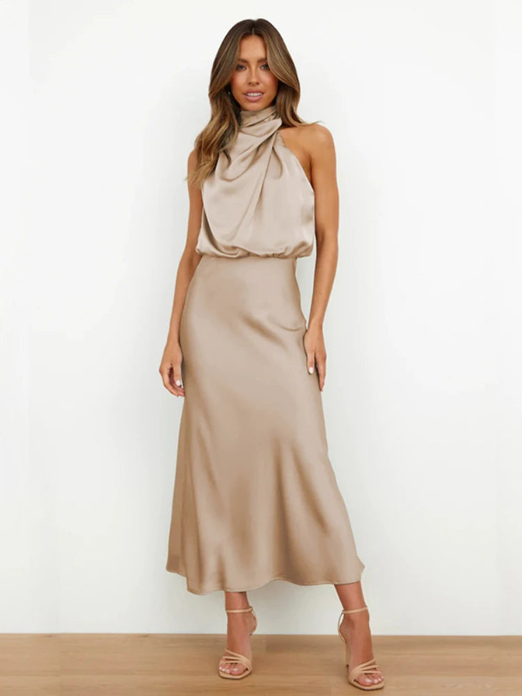 Luxury Satin Party Dress – Sleeveless Long Gown for Women’s Evening Events