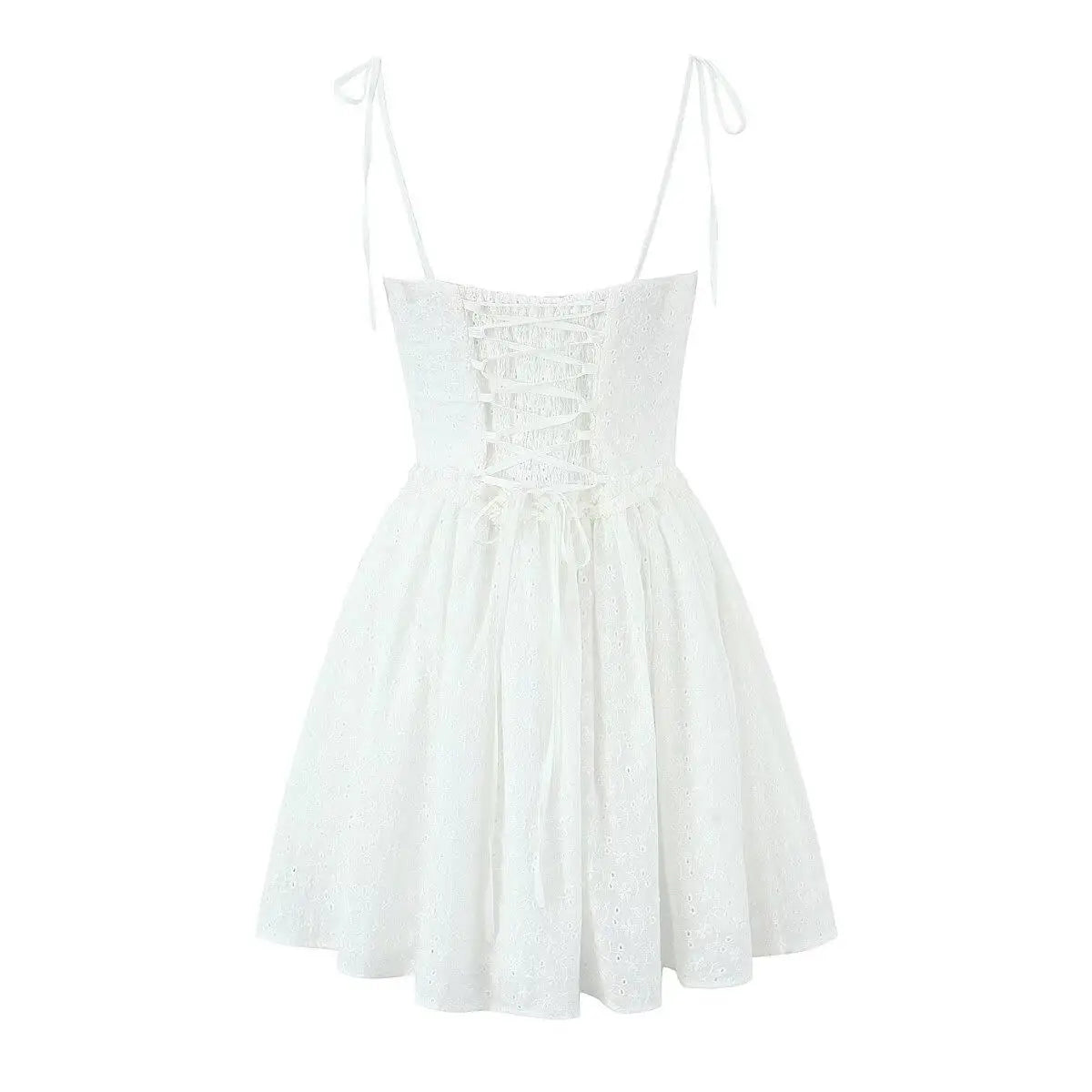 Women's 2025 Sexy Lace Up Mini Dress – White Embroidered Bodycon with Fish Bone Support