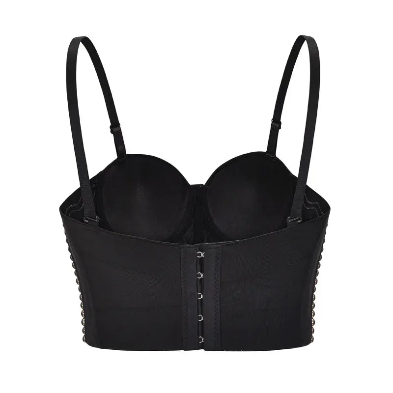 Women’s Luxury Bustier Crop Top – Rhinestone Beaded Push Up Bralette for Club & Rave