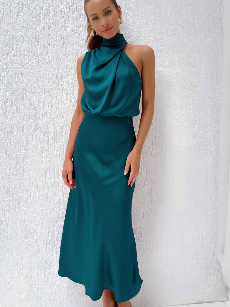 Luxury Satin Party Dress – Sleeveless Long Gown for Women’s Evening Events